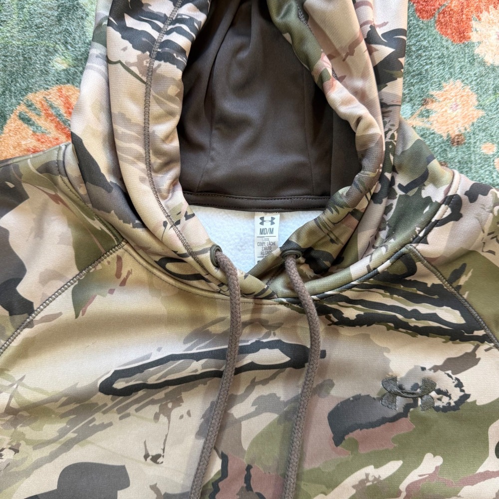 Under Armour ColdGear Mens Camo Hoodie Loose Fit Fleece Pullover Brown Green Med